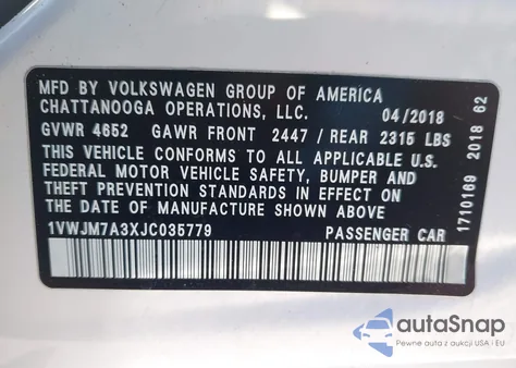 2018 Volkswagen Passat 3.6L V6 Gt z USA, uszkodzony, nr VIN 1VWJM7A3XJC035779